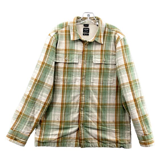 PrAna Flannel Thermal Shirt Men Medium Green Plaid Organic Shacket Outdoor‎ Camp - Picture 1 of 14